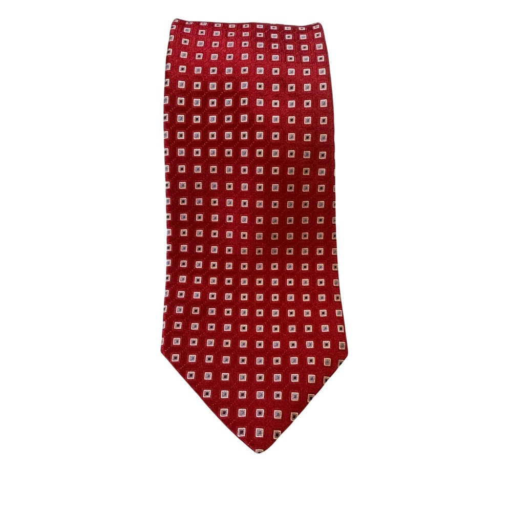 Cremieux Mens Silk Tie‎ Red Blue Geometric Square Pattern Hand Made USA 57.5in